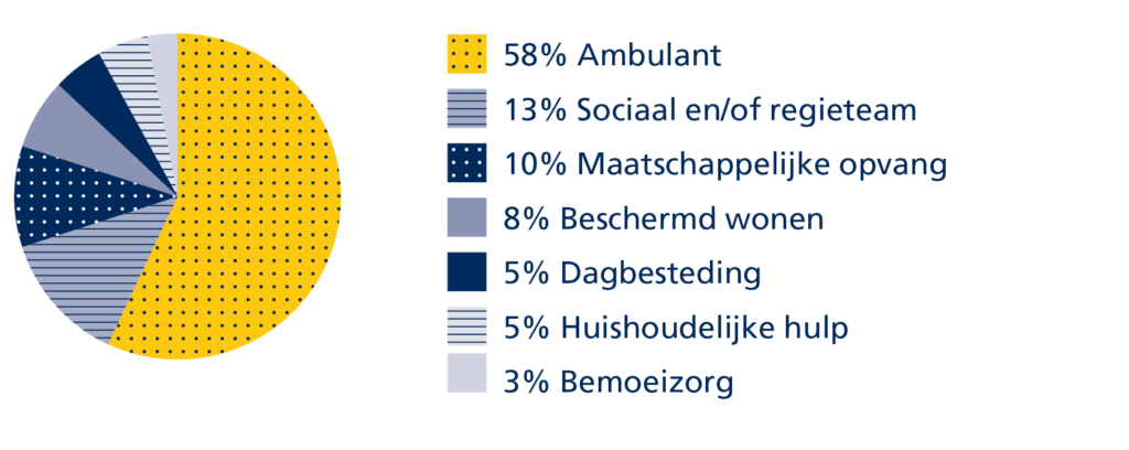 Figuur 6: verdeling calamiteitenmeldingen over de soorten Wmo-ondersteuning in 2025.
58 procent ambulant
13 procent sociaal en/of regieteam
10 procent maatschappelijke opvang
8 procent bescherm wonen
5 procent dagbesteding
5 procent huishoudelijke hulp
3 procent bemoeizorg