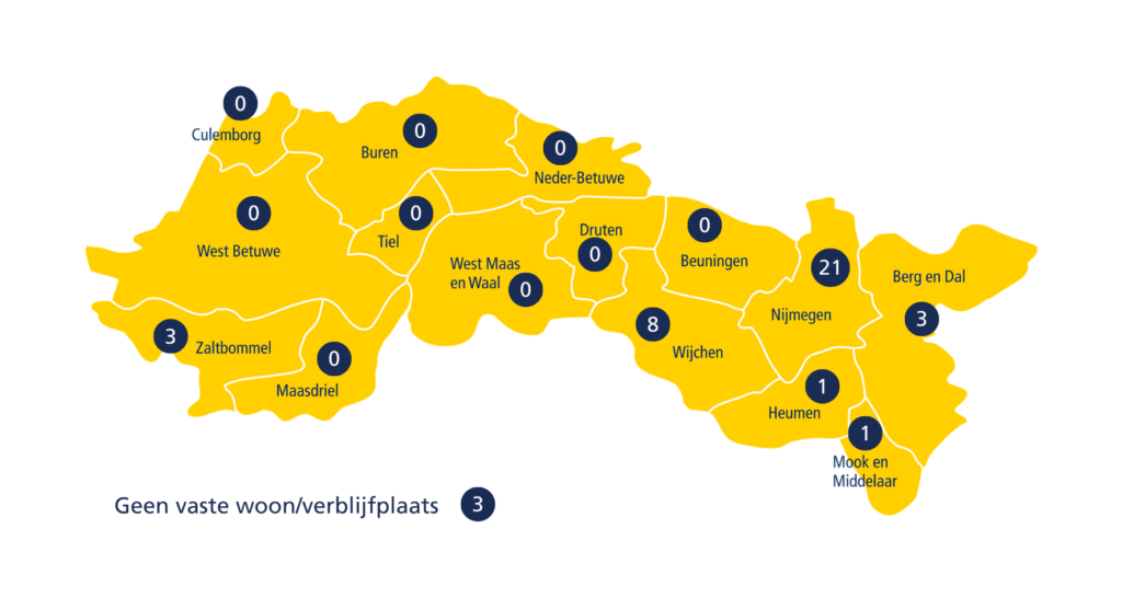 Figuur 4: Wmo Aantal Meldingen Calamiteiten En Geweldsincidenten Per Gemeente.
Berg en dal 3 meldingen. Nijmegen 21 meldingen.
Mook en Middelaar 1 melding. Heumen 1 melding. Wijchen 8 meldingen. Zaltbommel 3. Geen vaste woon/verblijfplaats 3 meldingen. Uit de andere gemeenten zijn er geen meldingen.